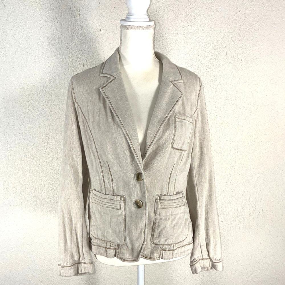 J. Jill Womens Linen Cotton Herringbone Blazer Beige Two Button Jacket Size 8